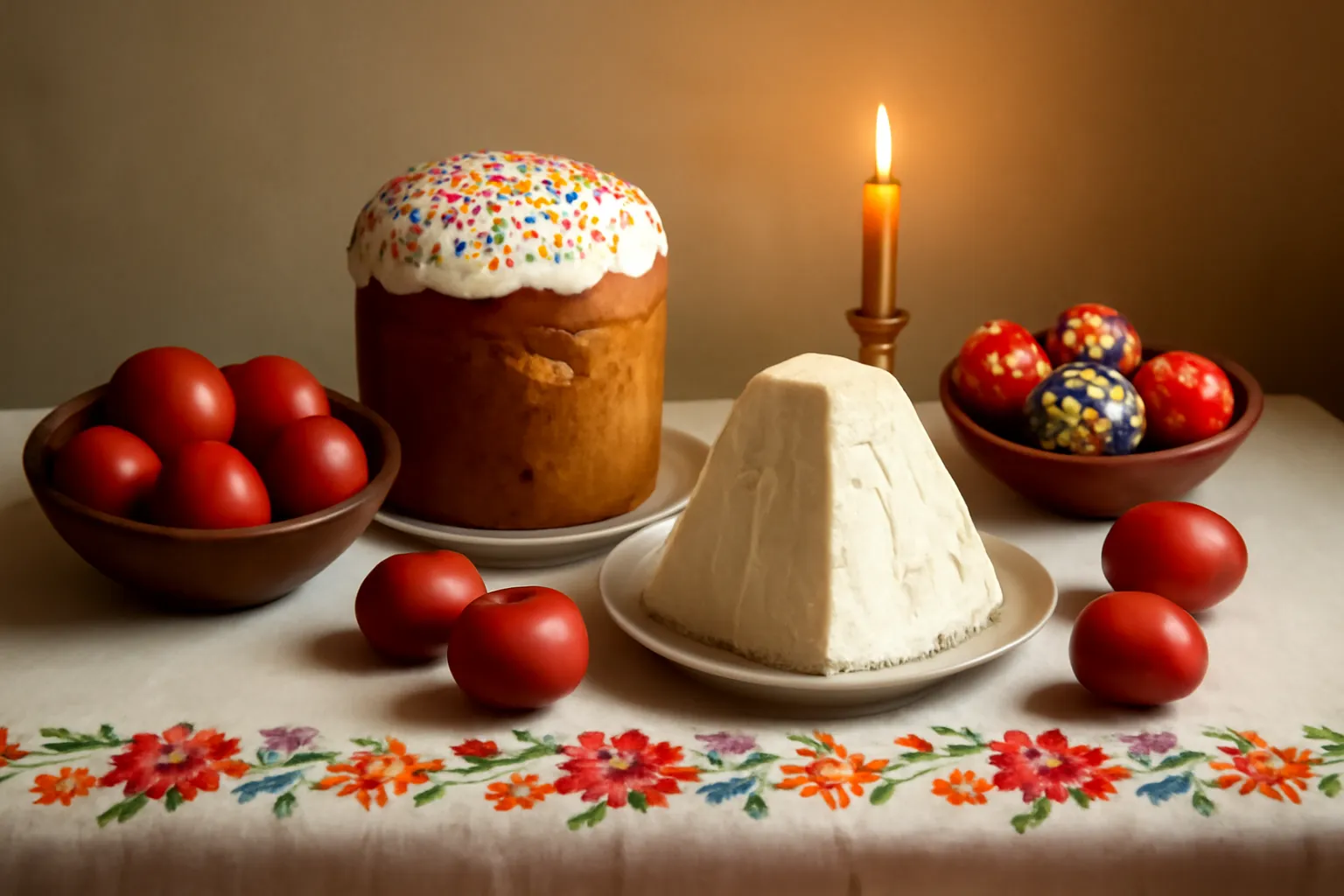 Table de fête orthodoxe avec koulitch brioché glacé, paskha en forme pyramidale et œufs peints en rouge