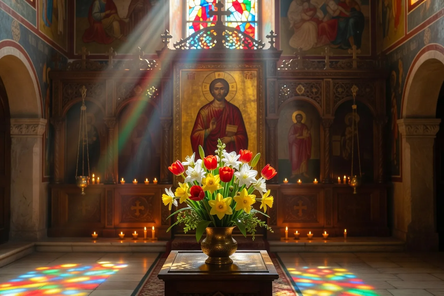 Bouquet de tulipes et de jonquilles devant une icône dorée, rayons de lumière colorés traversant un vitrail dans une église orthodoxe
