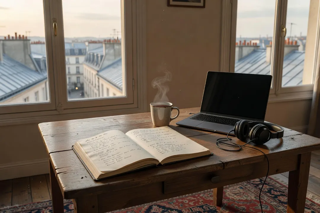 Illustration d'un bureau d'étude avec cahier, thé, ordinateur et casque audio
