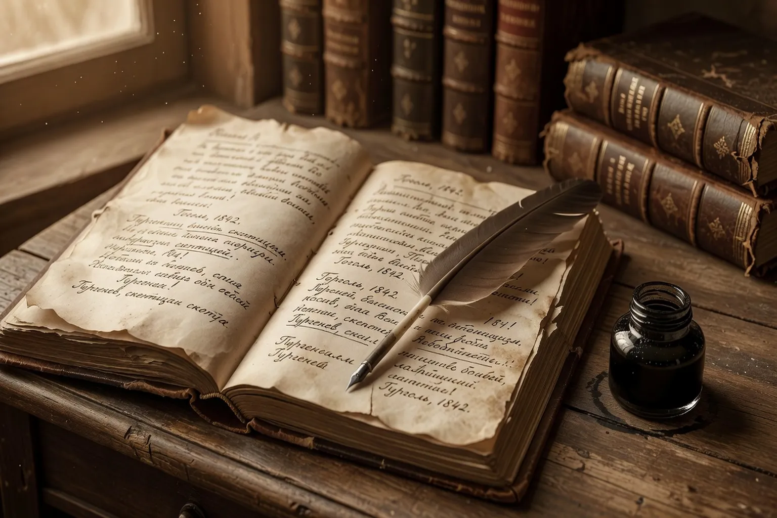 Manuscrit ancien annoté, plume et encrier, contexte littéraire russe XIXe