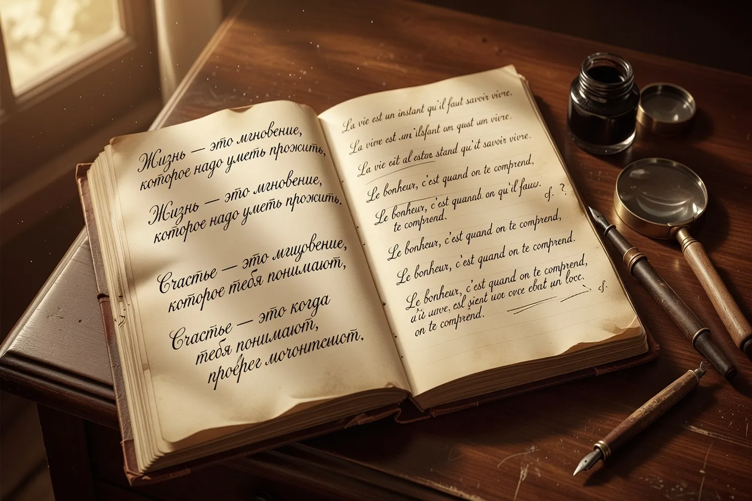 Carnet manuscrit ouvert avec citations en cyrillique et traduction, style journal intime XIXe siècle