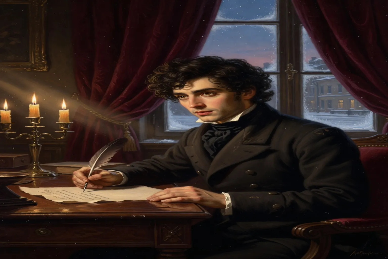 Portrait stylisé de Pouchkine jeune, plume à la main, ambiance romantique russe