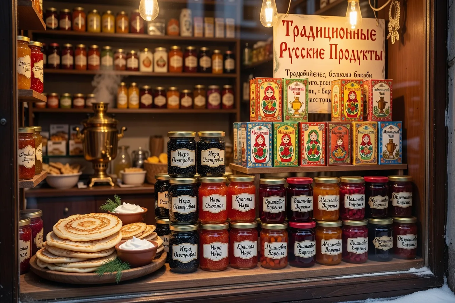 Vitrine d'épicerie russe avec produits typiques (blinis, caviar, thé russe, confitures)