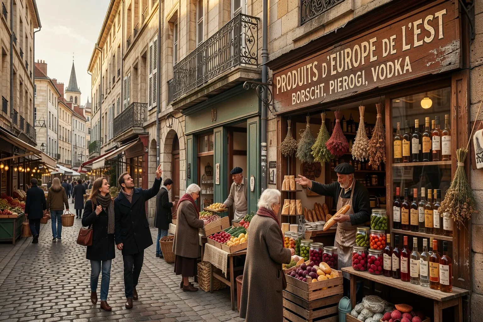 Marché ou rue commerçante de Nancy avec enseigne évoquant produits d'Europe de l'Est