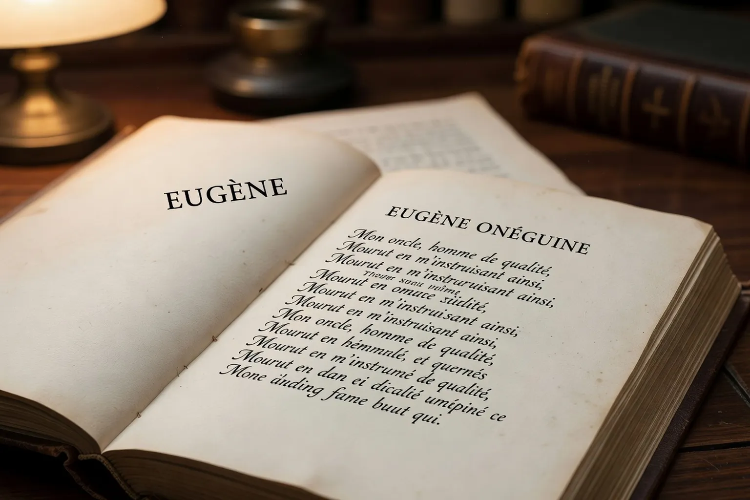 Gros plan sur une édition ancienne d'Eugène Onéguine, papier et typographie