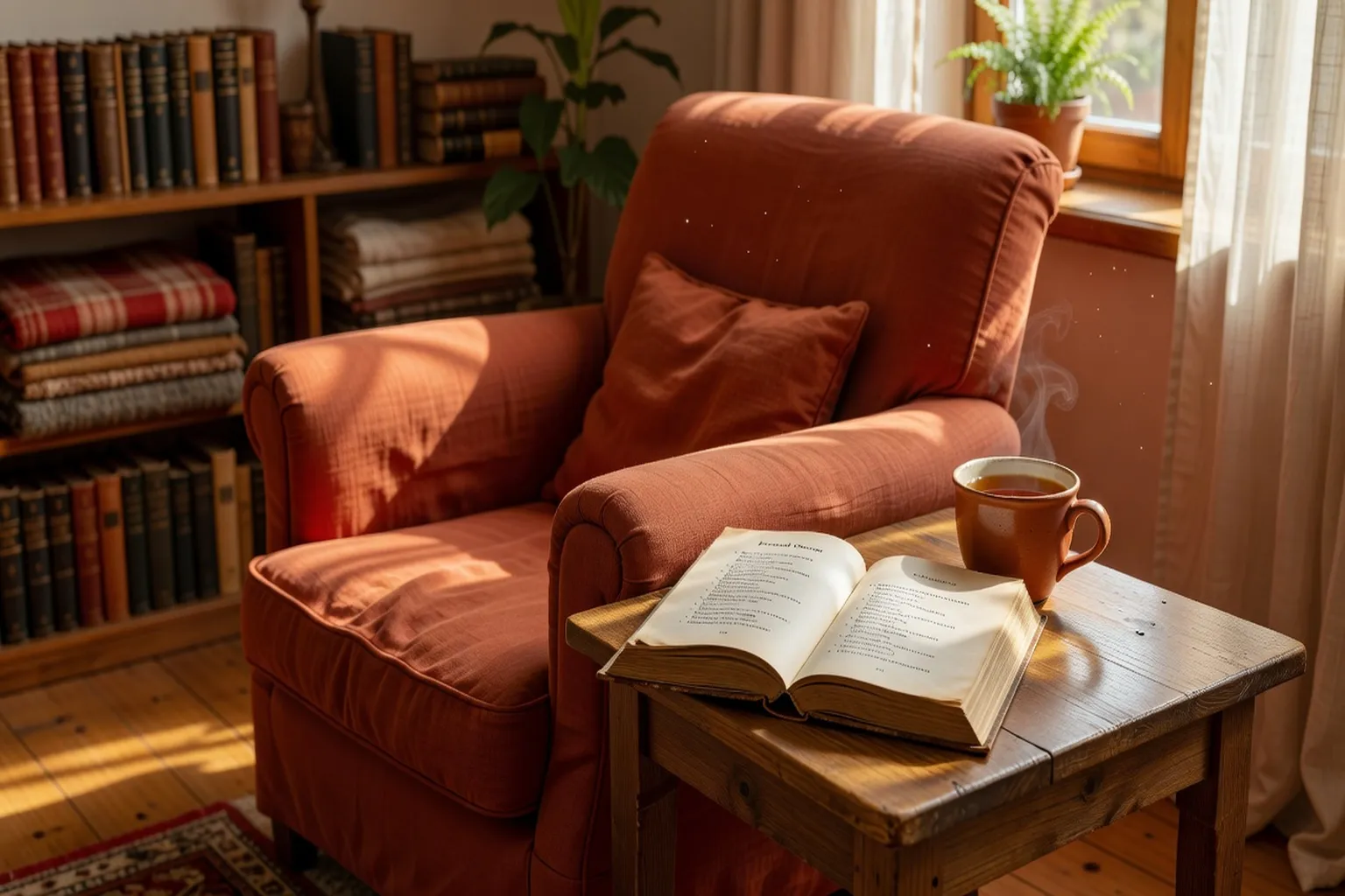 Coin lecture cosy avec un livre de Pouchkine ouvert, tasse de thé, ambiance datcha lorraine