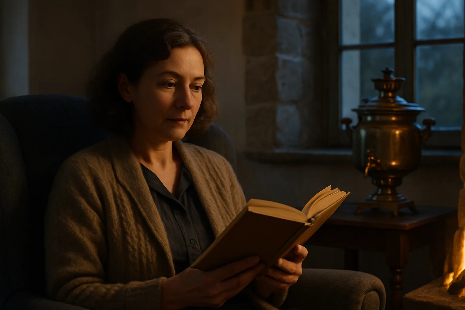 Lectrice lisant un recueil de poèmes russes au coin d'un feu de cheminée, ambiance datcha