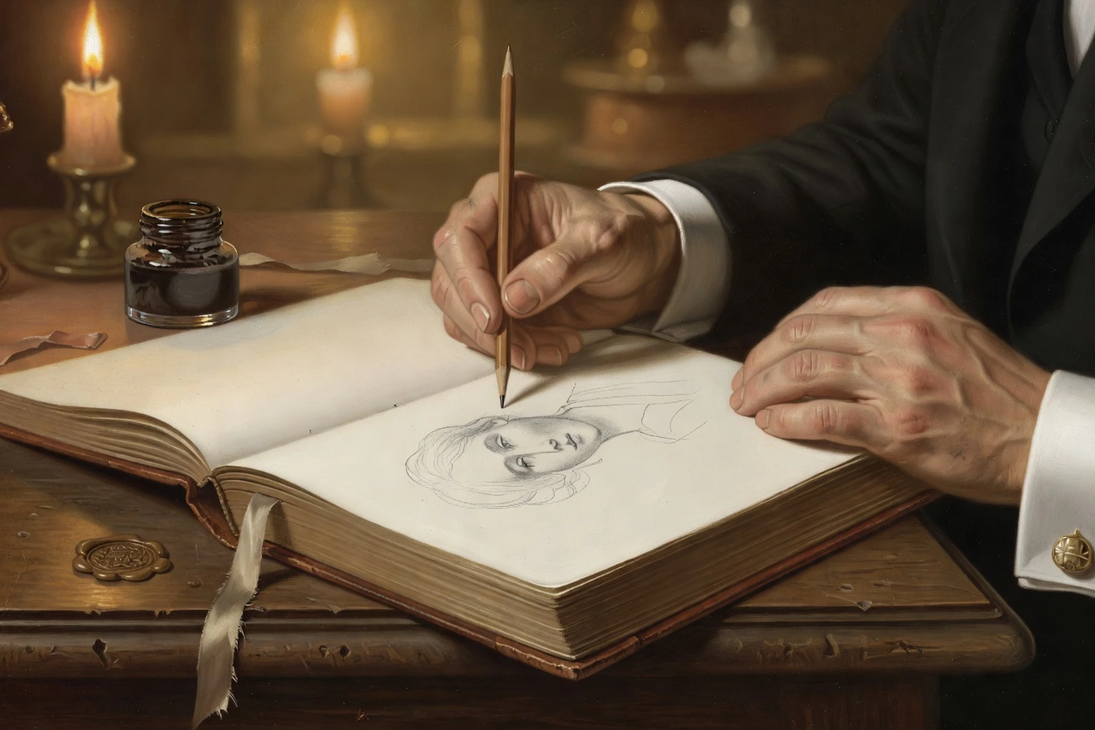 mains d'un homme du XIXe siècle esquissant au crayon le profil d'une femme dans un album de croquis posé sur un bureau