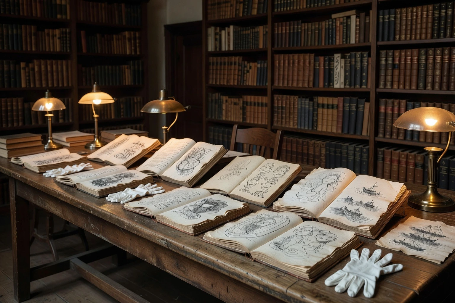 salle de lecture de manuscrits avec carnets anciens ouverts portant de petits croquis à l'encre dans les marges, gants blancs posés sur la table