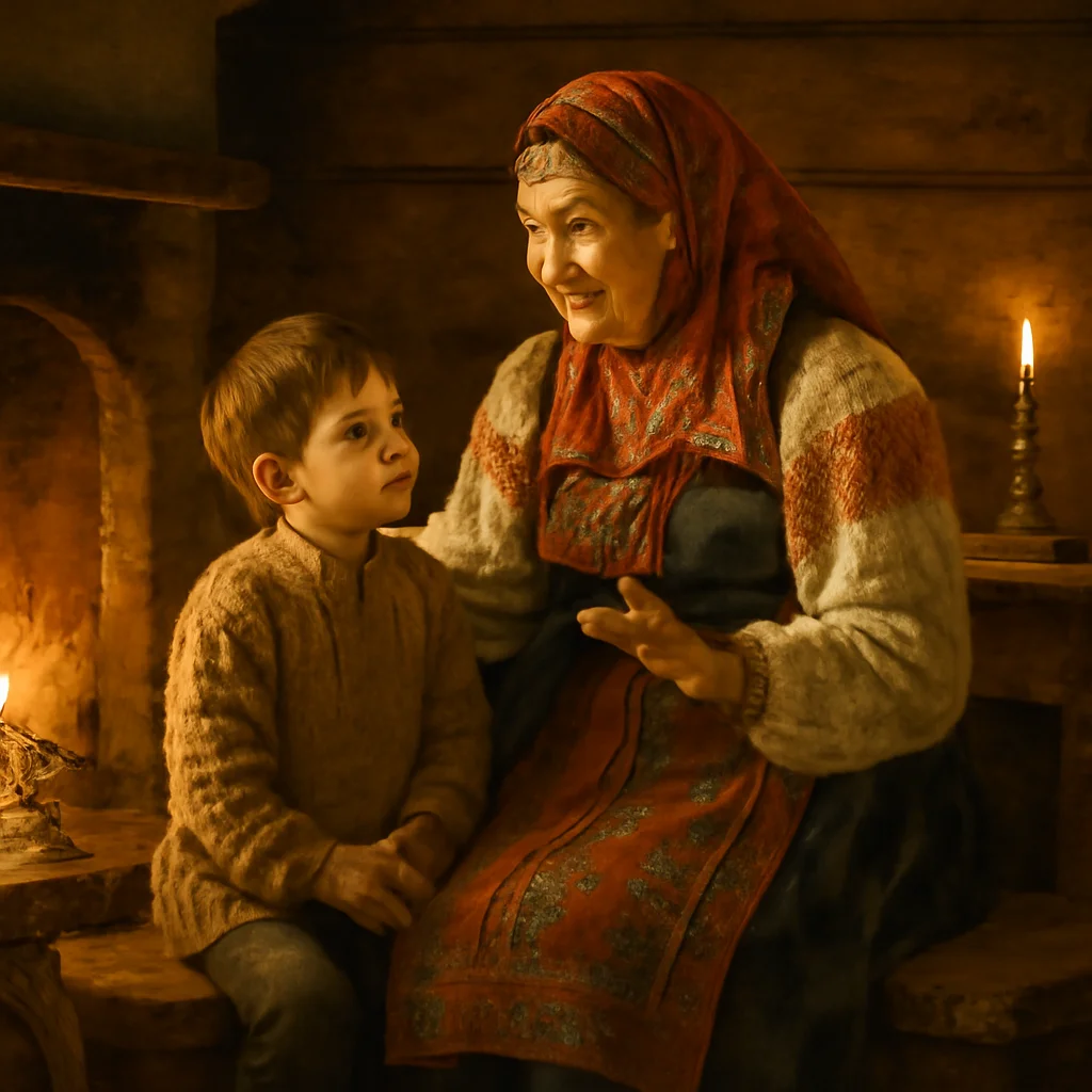 La nourrice Arina Rodiónovna contant ses histoires à Pouchkine — illustration XIXe