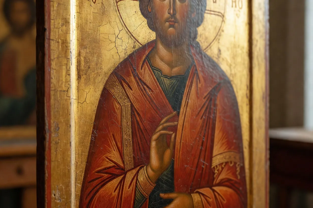 Détail d'une icône russe ancienne peinte à la tempera sur bois, fond doré, patine du temps
