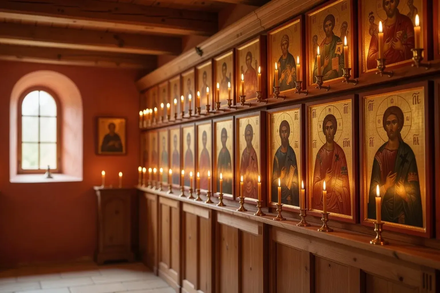 Iconostase couverte d'icônes dorées dans une chapelle, lumière chaude des cierges