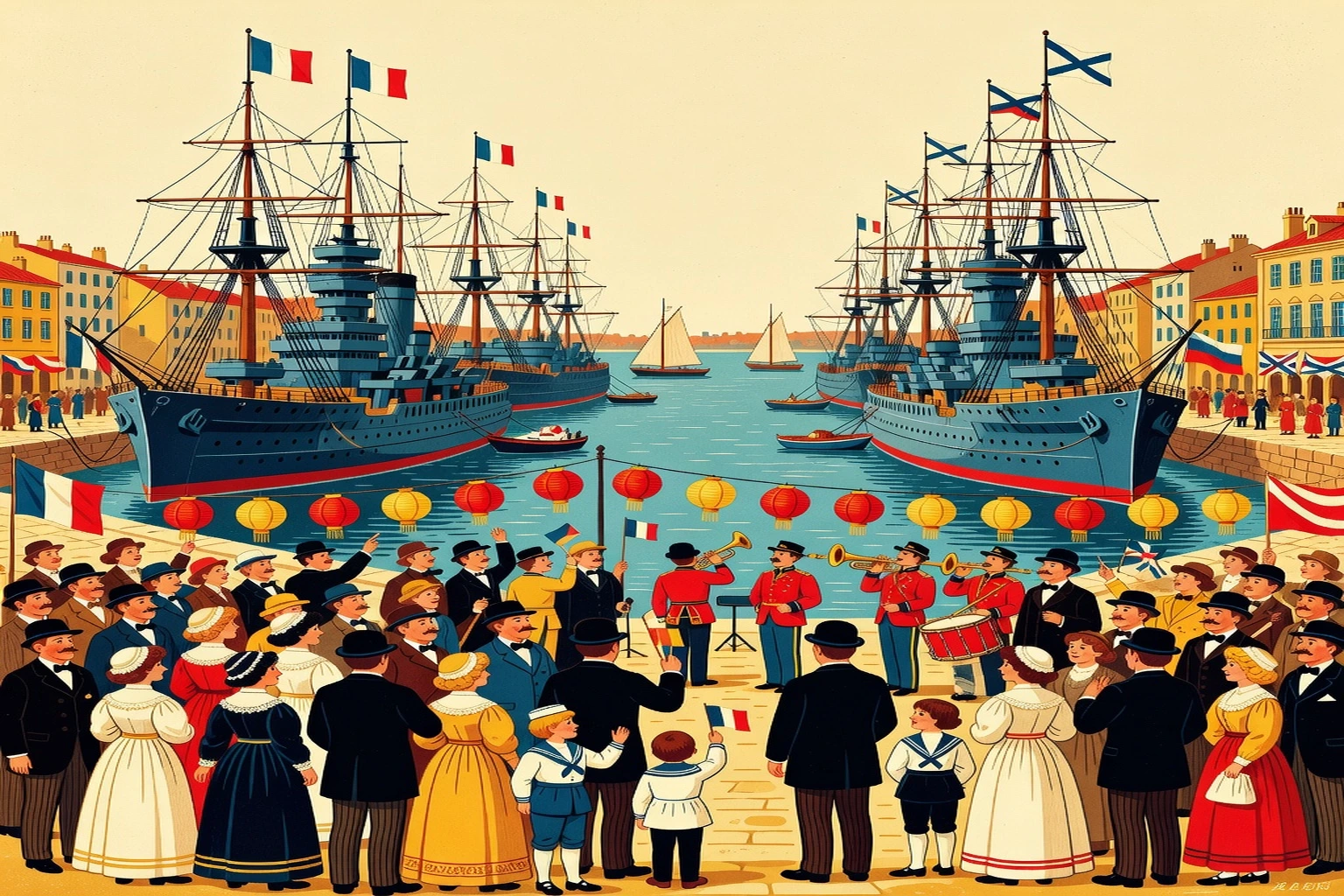 estampe ancienne représentant l'escadre russe reçue à Toulon en 1893, vaisseaux et drapeaux franco-russes