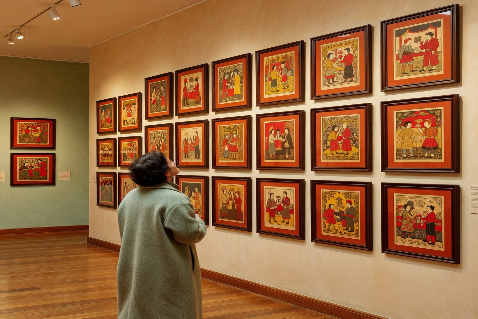 visiteur observant des estampes anciennes accrochées dans une salle de musée