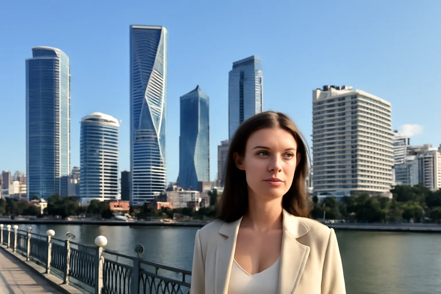 Skyline de tours contemporaines le long d'un quai aménagé dans une grande ville du sud de la Russie