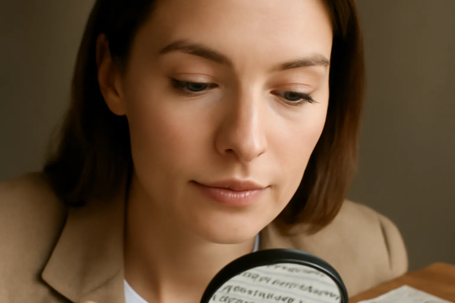 Gros plan sur une fiche manuscrite couverte de notes philologiques observée à travers une loupe de bibliophile