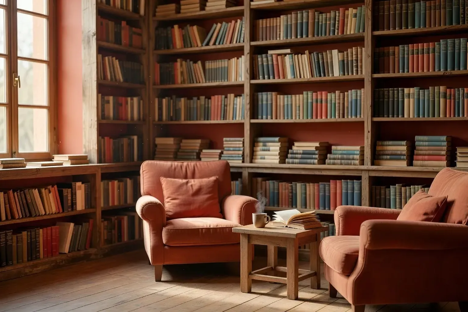 Intérieur chaleureux d'une librairie française avec étagères de livres, coin lecture