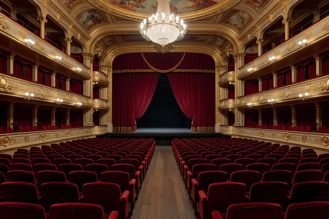 Illustration d'une salle d'opéra à l'italienne avec rideau de velours rouge