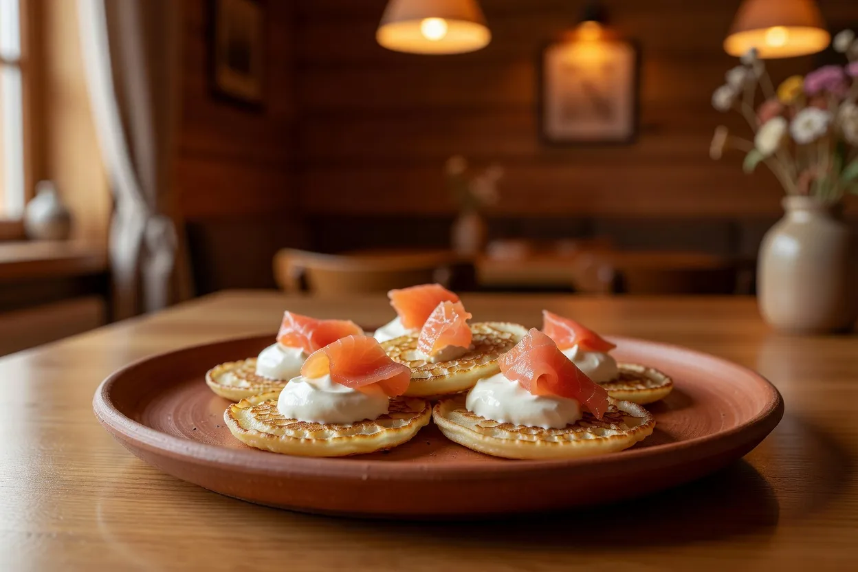 Assiette de blinis garnis de crème fraîche et de saumon fumé, présentation soignée