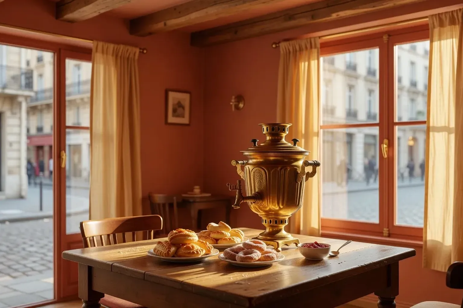 Samovar russe traditionnel sur une table en bois avec des pâtisseries, ambiance de café chaleureuse
