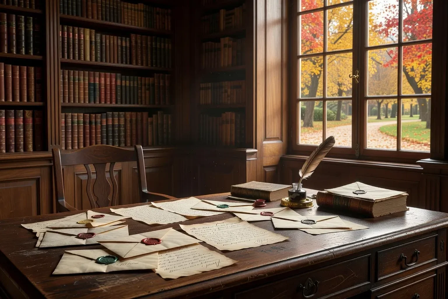 Bureau de bibliothèque du XIXe siècle avec lettres manuscrites cachetées à la cire, plume et encrier devant une fenêtre donnant sur un jardin d'automne