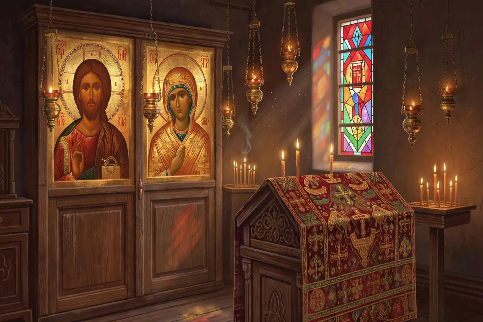 Intérieur de chapelle orthodoxe avec iconostase — illustration interview guide Nancy
