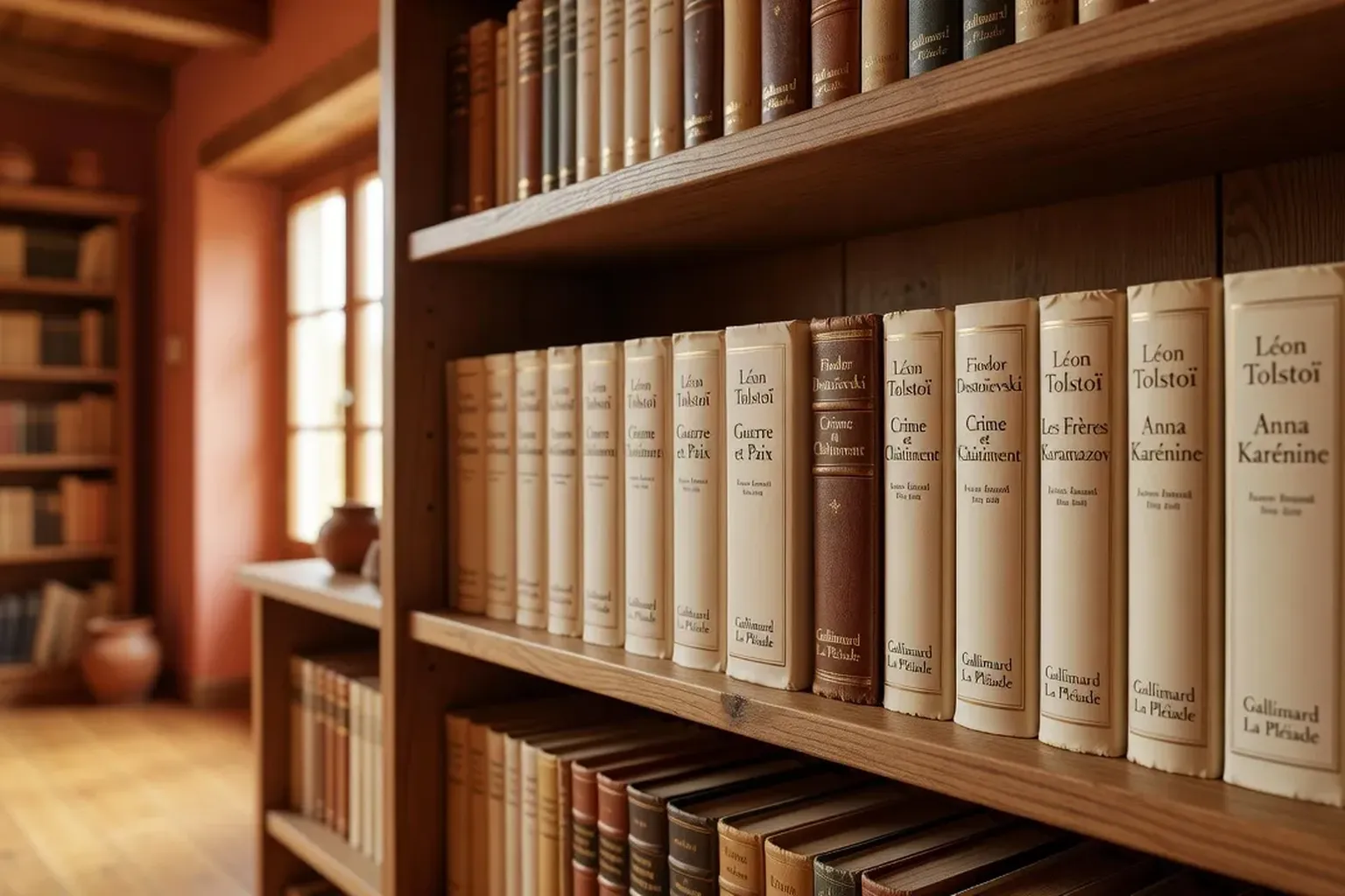 Rayonnage de bibliothèque avec plusieurs éditions françaises d'Eugène Onéguine côte à côte, reliures différentes
