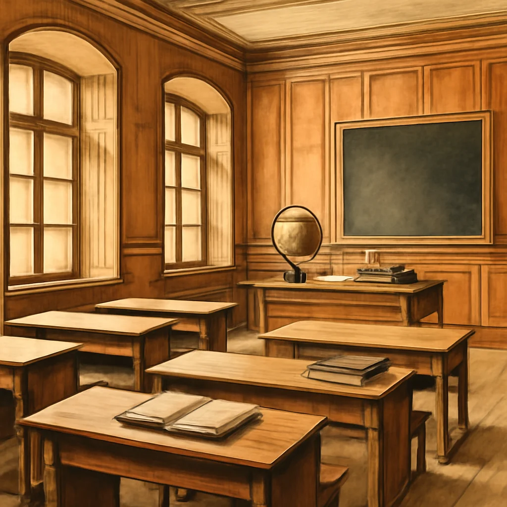 Salle de classe du lycée impérial de Tsarskoïe Selo — XIXe siècle, bois clair, pupitres
